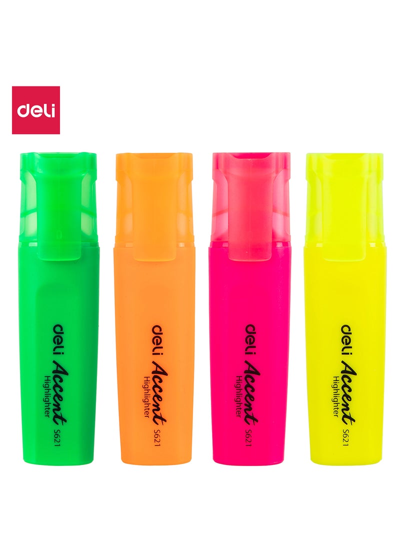 Deli Highlighter Set Chisel tip 1-5mm , Non-Toxic Ink , Dry Fast , for Note-Taking , Drawing illustrations , Pack of 4 Colors 