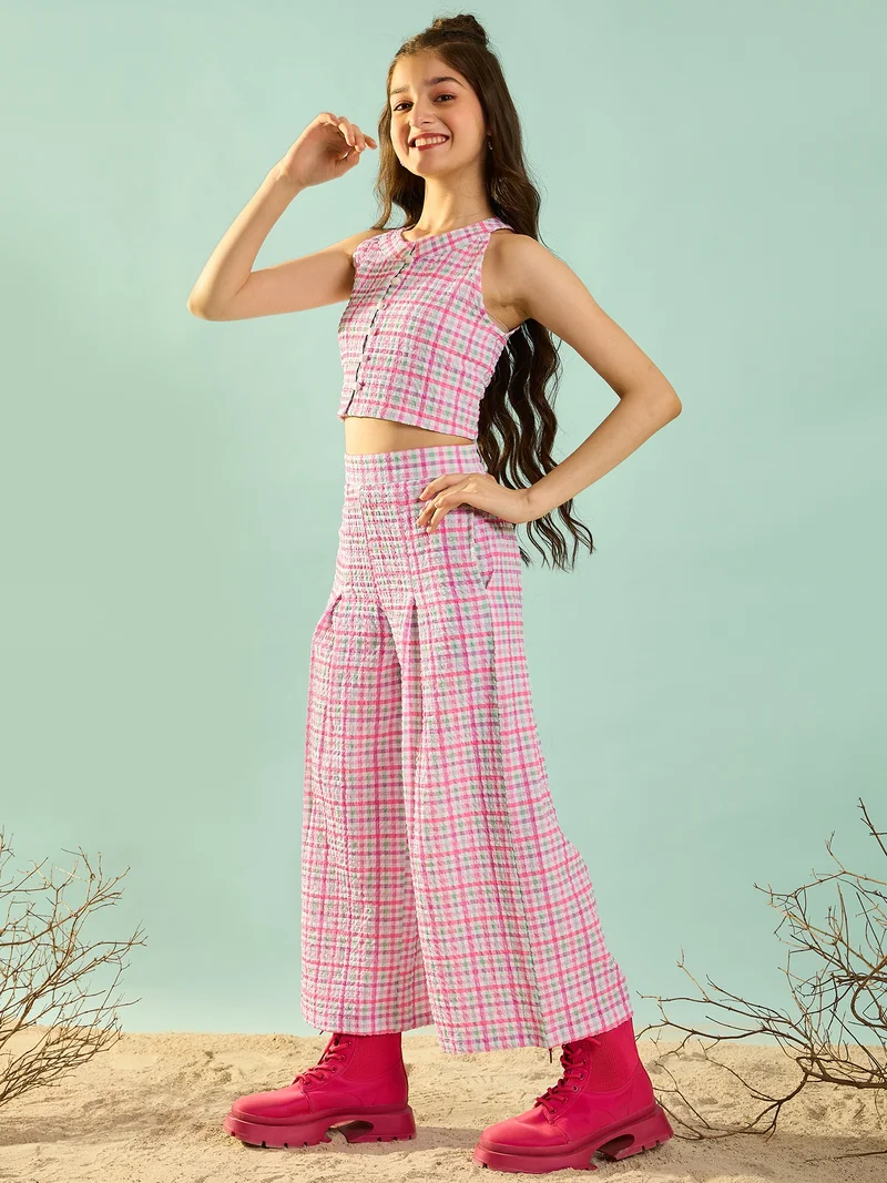 Cherry & Jerry Cherry & Jerry Woven Sleeveless Checks Straight Co-ords Set-Pink