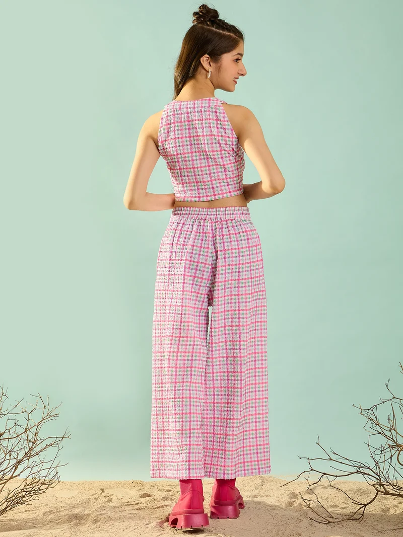 Cherry & Jerry Cherry & Jerry Woven Sleeveless Checks Straight Co-ords Set-Pink