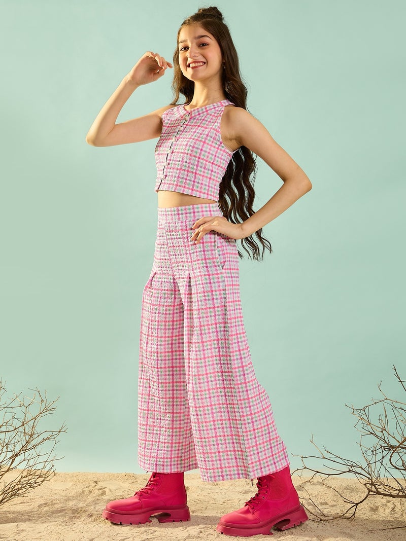 Cherry & Jerry Woven Sleeveless Checks Straight Co-ords Set-Pink - Image 1