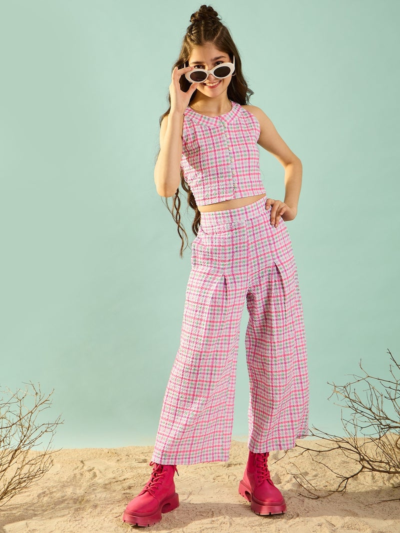 Cherry & Jerry Woven Sleeveless Checks Straight Co-ords Set-Pink - Image 4
