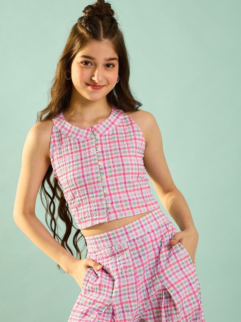 Cherry & Jerry Woven Sleeveless Checks Straight Co-ords Set-Pink - Image 3