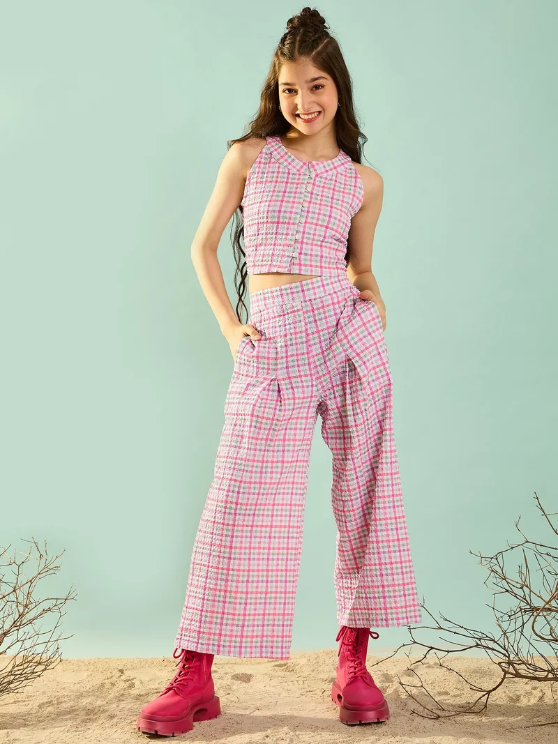 Cherry & Jerry Cherry & Jerry Woven Sleeveless Checks Straight Co-ords Set-Pink