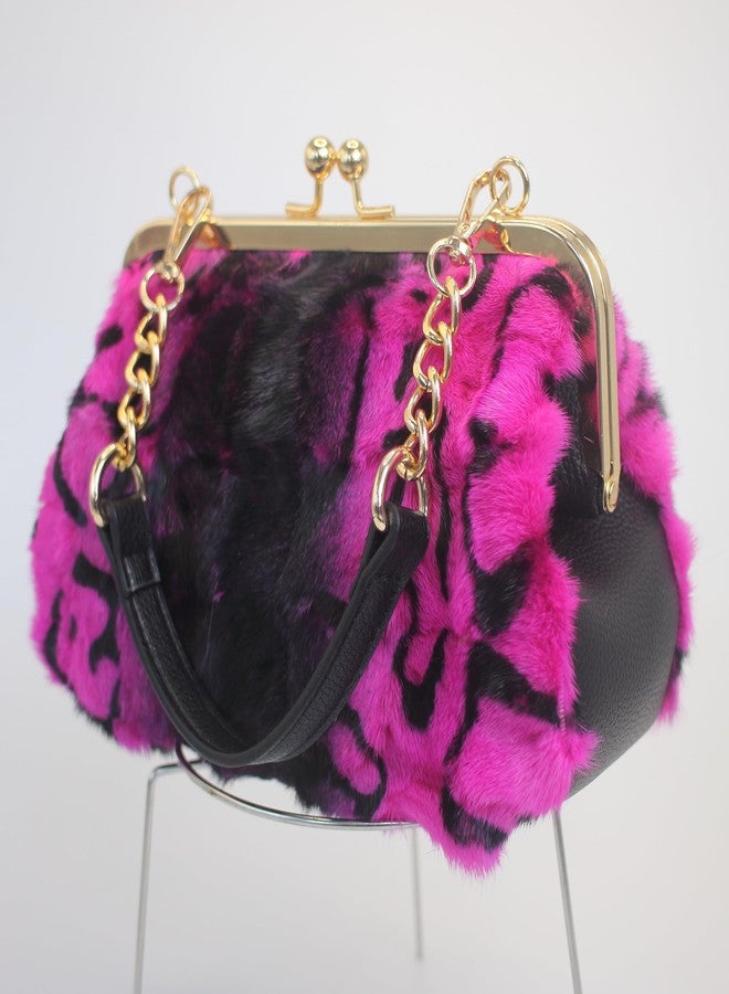 Chunxiao Luxury Mink Fur Clutch Purse with Kisslock Closure Leopard Print Design Adjustable Strap Handbag for Evening Parties (Purple) - Image 4