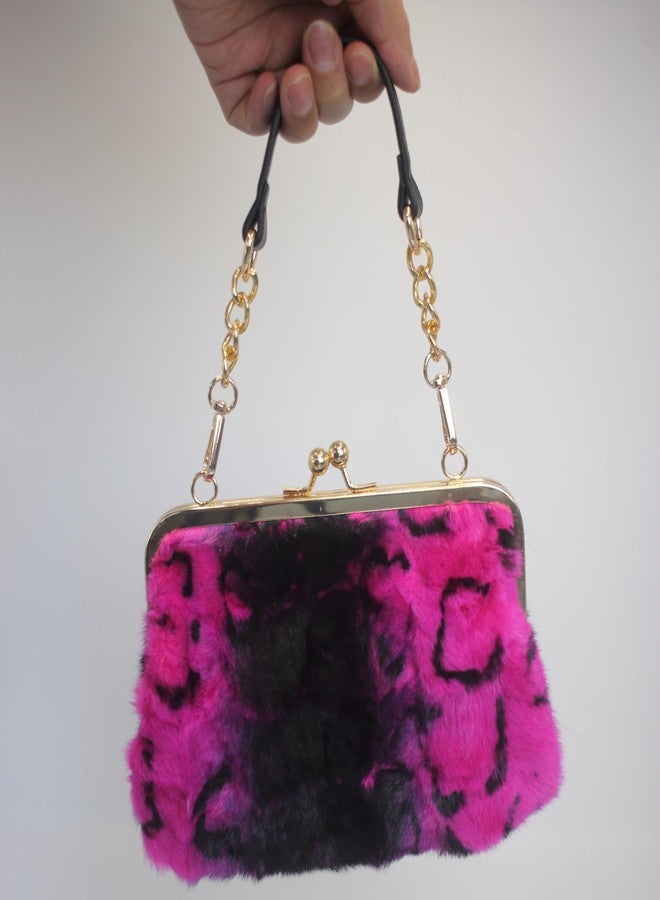 Chunxiao Luxury Mink Fur Clutch Purse with Kisslock Closure Leopard Print Design Adjustable Strap Handbag for Evening Parties (Purple) - Image 2