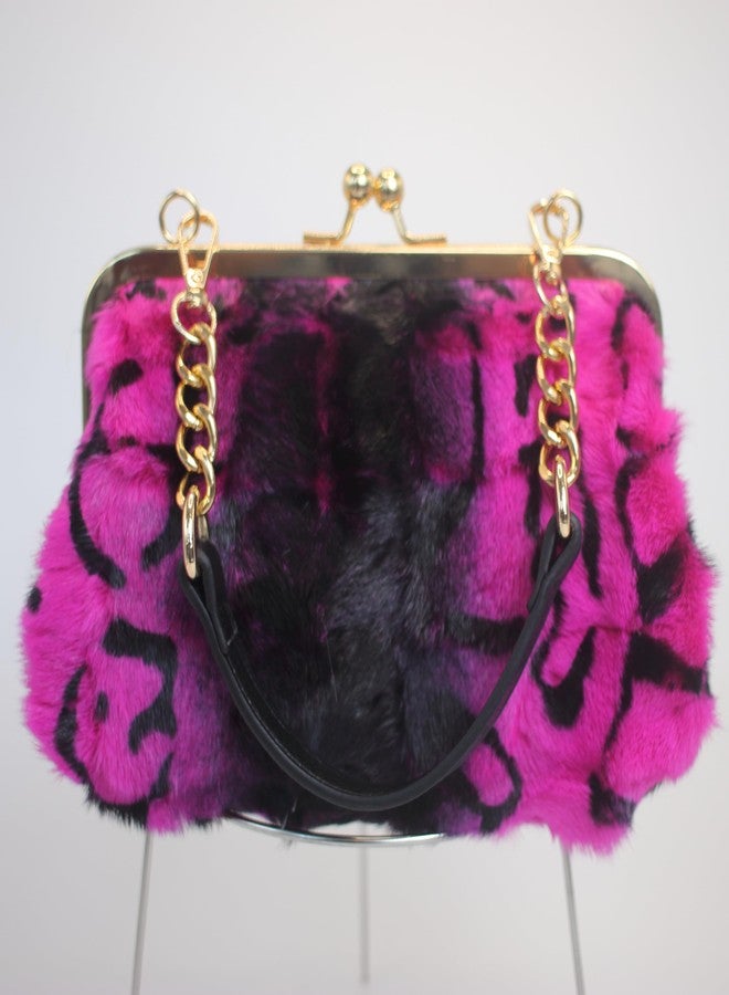 Chunxiao Luxury Mink Fur Clutch Purse with Kisslock Closure Leopard Print Design Adjustable Strap Handbag for Evening Parties (Purple) - Image 3