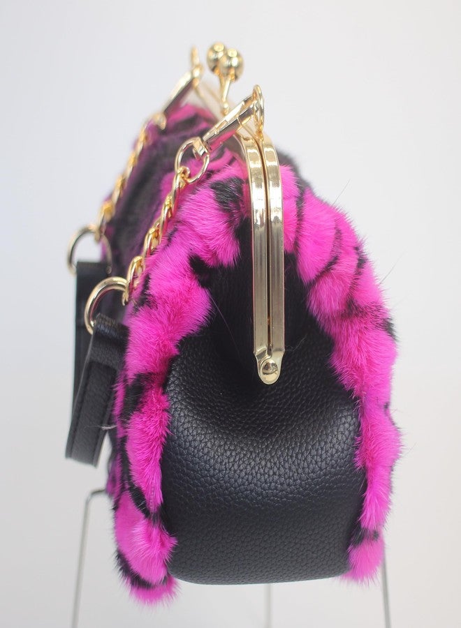 Chunxiao Luxury Mink Fur Clutch Purse with Kisslock Closure Leopard Print Design Adjustable Strap Handbag for Evening Parties (Purple) - Image 5