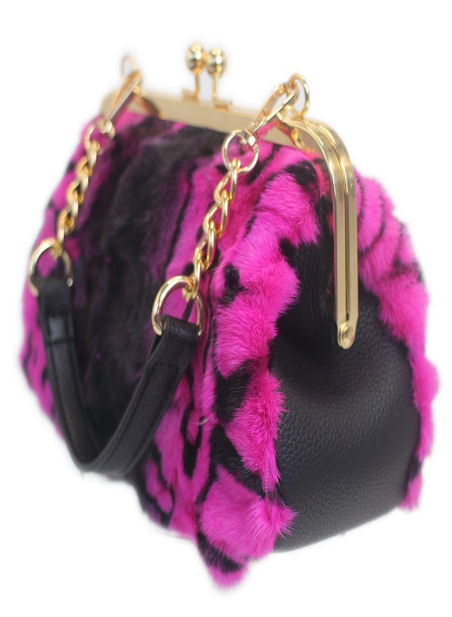 Chunxiao Luxury Mink Fur Clutch Purse with Kisslock Closure Leopard Print Design Adjustable Strap Handbag for Evening Parties (Purple) - Image 1