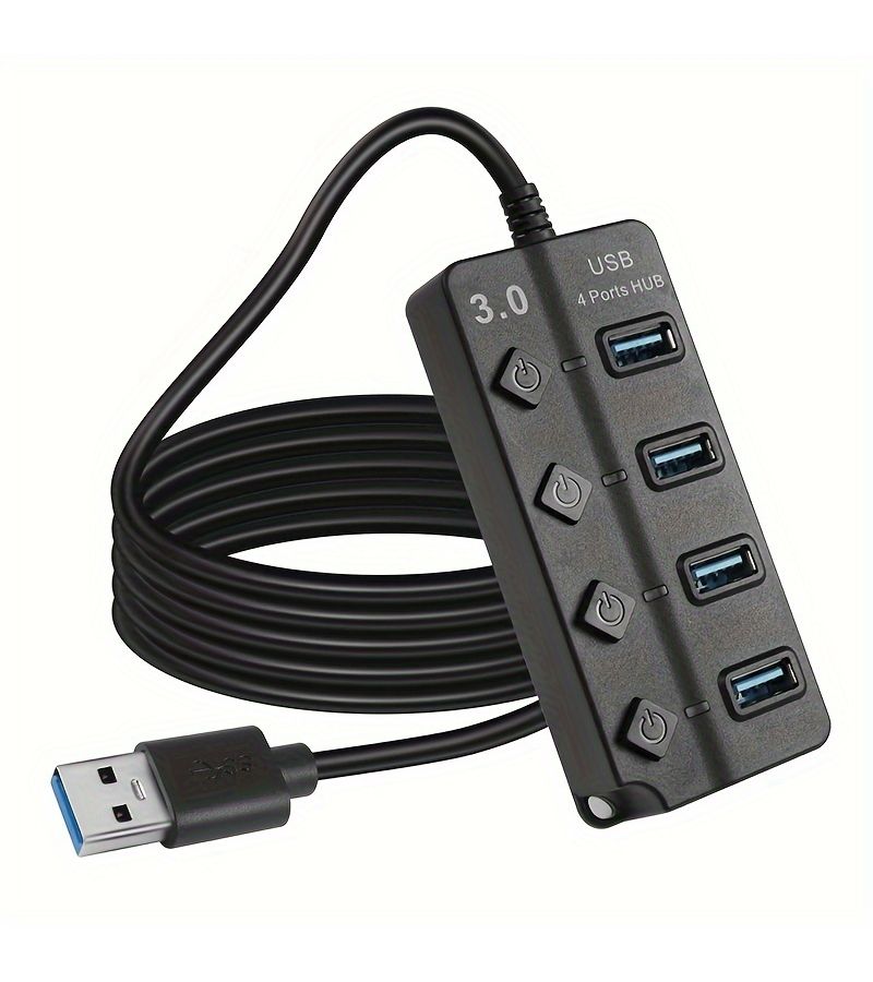 USB 3.0 Hub 4 Port 47.24 Inch Extension Cable With Independent LED Power On Off Switch For PC MacBook PS4 PS5 Xbox Keyboard Laptop Printer Mouse USB Flash Drive External Hard Drive - Image 1