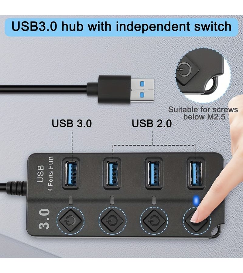 USB 3.0 Hub 4 Port 47.24 Inch Extension Cable With Independent LED Power On Off Switch For PC MacBook PS4 PS5 Xbox Keyboard Laptop Printer Mouse USB Flash Drive External Hard Drive - Image 3