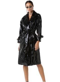 Flashmob Black Shiny Vinyl Long Length Overcoat With Belt  - Image 2