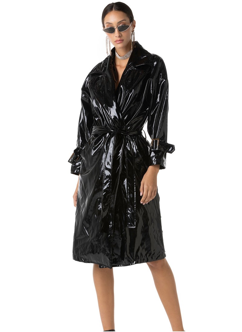 Flashmob - Black Shiny Vinyl Long Length Overcoat With Belt - Image 1