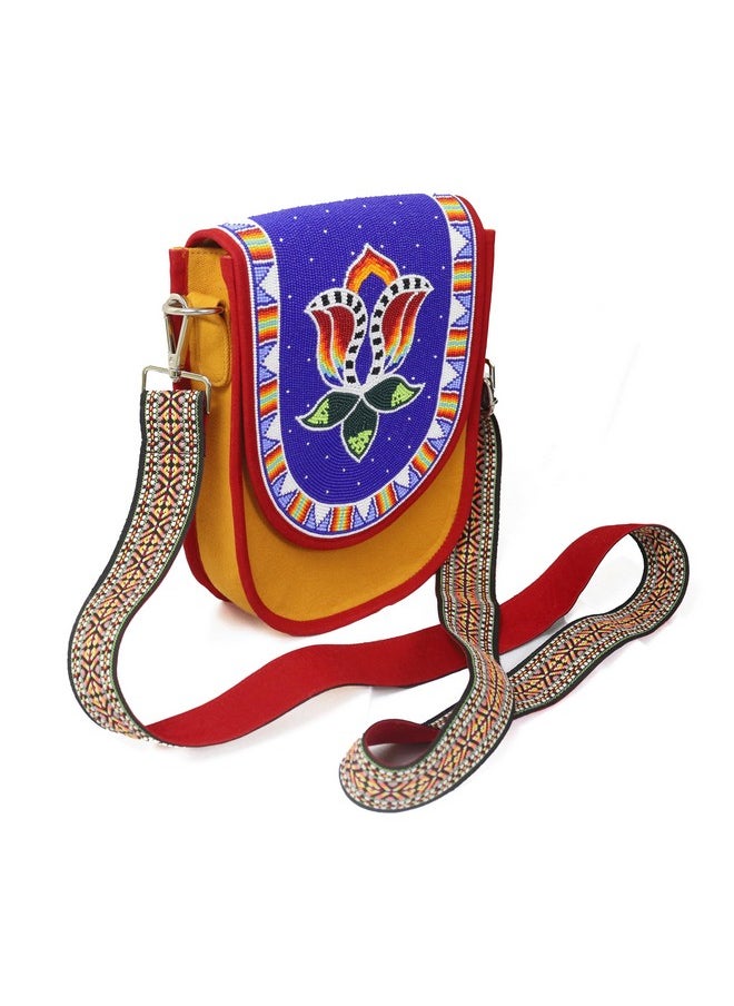 La vivia Handmade Seed Beaded Crossbody Hand Bag. Handmade Native American Style Canvas Bag With Adjustable Strap (Blue)  - Image 1