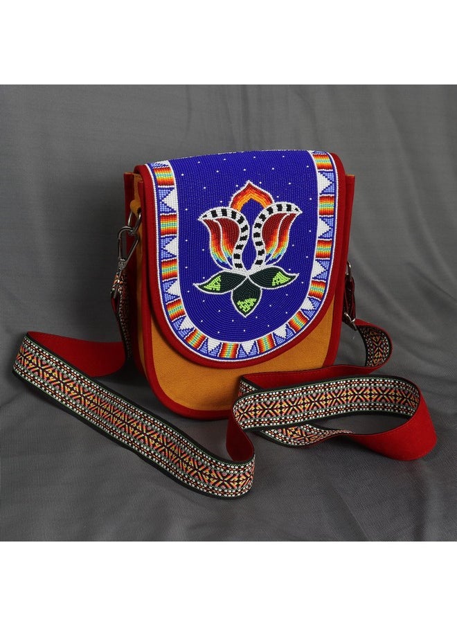 La vivia Handmade Seed Beaded Crossbody Hand Bag. Handmade Native American Style Canvas Bag With Adjustable Strap (Blue)  - Image 2
