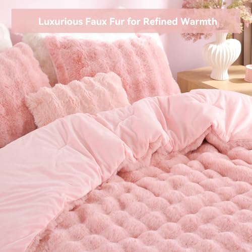 YIKUSH Pink Comforter Set Queen - Luxurious Faux Fur Comforter for Winter, Fluffy Comforter Queen Set with 2 Pillowcases, Soft Warm Pink Bedding Set - Image 3