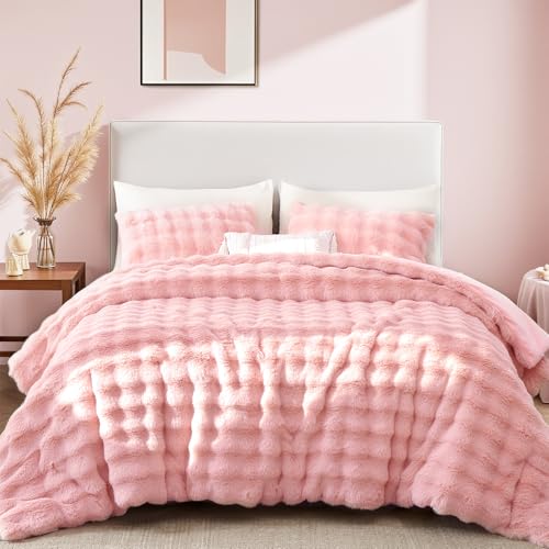 YIKUSH Pink Comforter Set Queen - Luxurious Faux Fur Comforter for Winter, Fluffy Comforter Queen Set with 2 Pillowcases, Soft Warm Pink Bedding Set - Image 1