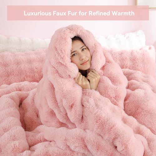 YIKUSH Pink Comforter Set Queen - Luxurious Faux Fur Comforter for Winter, Fluffy Comforter Queen Set with 2 Pillowcases, Soft Warm Pink Bedding Set - Image 5