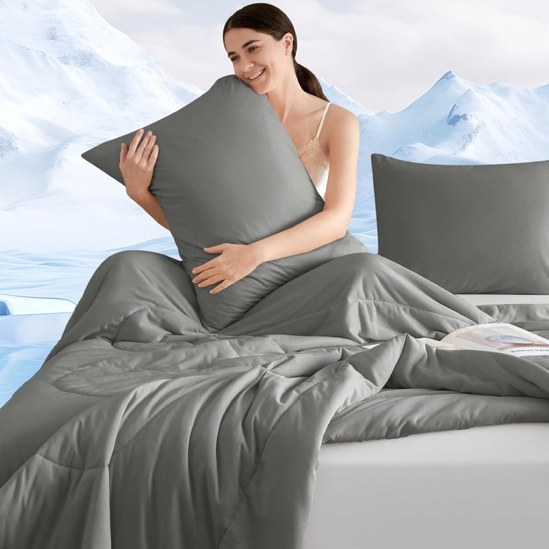 PHF 3 Piece Cooling Comforter and Pillow Cases Set in King Size, Breathable & Lightweight Summer Bedding , Includes 1 x 230cm x 275 cm Comforter and 2 x 50cm x 90 cm Pillowcases, Charcoal - Image 1