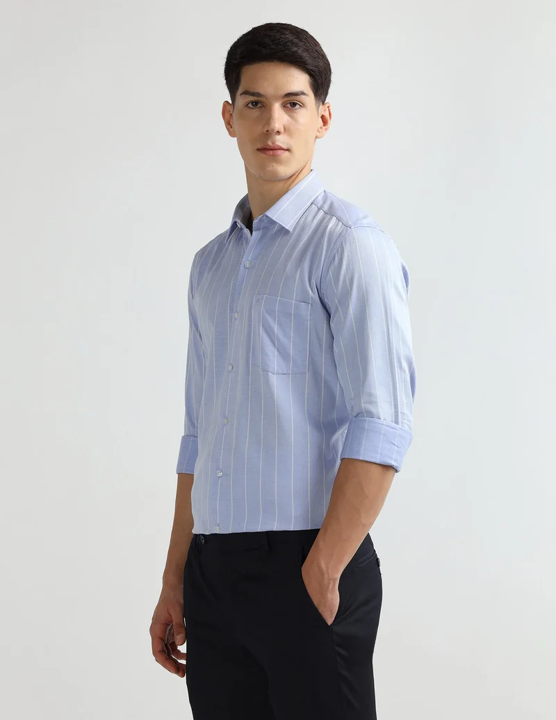 Arrow Light Blue Vertical Striped Manhattan Slim Fit Shirt for Men | Best Price UAE