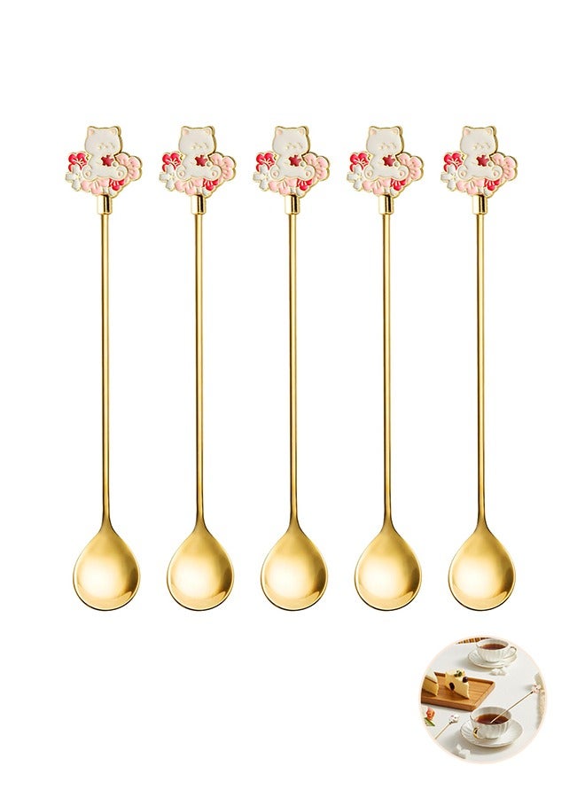 5-Piece Stainless Steel Coffee Spoon , Cat Shaped Spoon,Dessert Spoon , Ice Cream Spoon,Unique Tea Spoon Set Gold  16.5centimeter - Image 1
