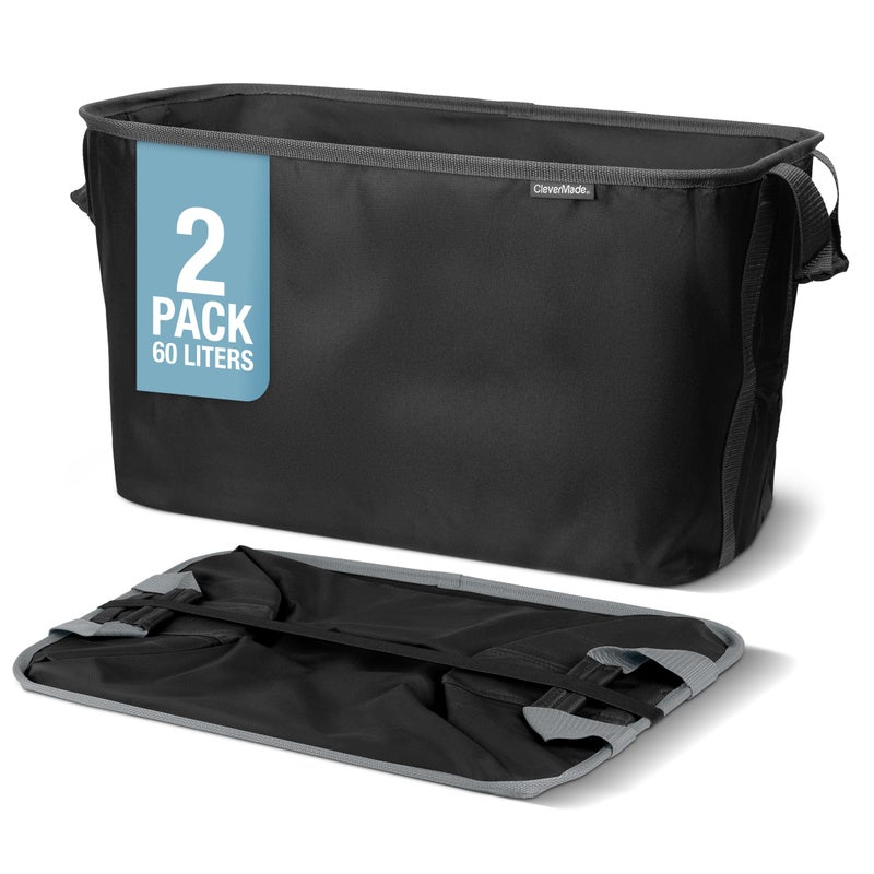 CleverMade Collapsible Laundry Basket 2 Pack â€“ 60L (16 Gal) Foldable Clothes Hamper with Reinforced Handles, Space Saving Fabric Laundry Bin, Holds 55 lbs, Flat Folding for Home & Travel - Black - Image 1
