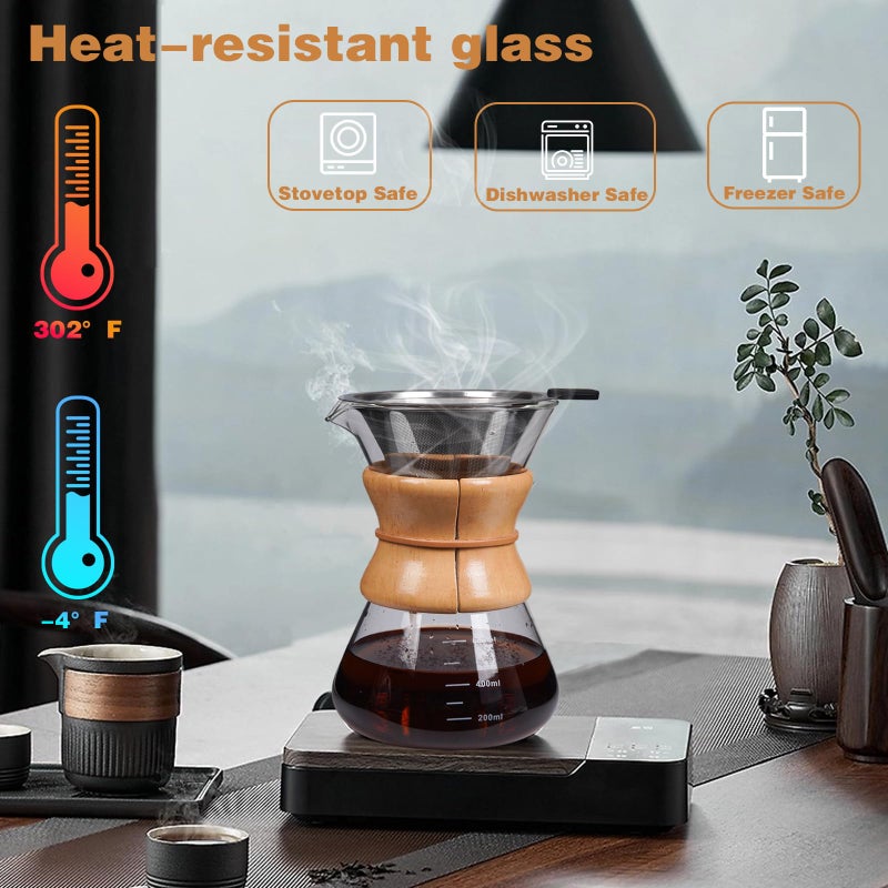 COFISUKI Pour Over Coffee Maker with Reusable Stainless Steel Drip Filter, Lead-Free Borosilicate Glass Coffee Carafe with Modern Wooden Collar for 1-2Cup, Circular Clear (400ml/13.5oz) - Image 4