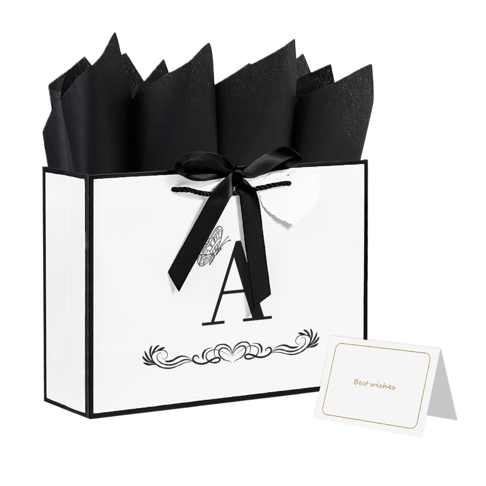Ssyuysto Initial Gift Bag with Bow Ribbon 13" Large Premium Black and White Personalized Monogrammed Paper Bag with Cards Tissue Paper Elegant Memorial Day Anniversary Present Happy Birthday Present f