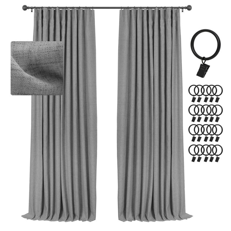 INOVADAY 100 Blackout Curtains for Bedroom Black Out Curtains 96 Inch Long Clip Rings Linen Blackout Drapes Thermal Insulated Room Darkening for Living Room 2 Panels  DarkgreyW50xL96