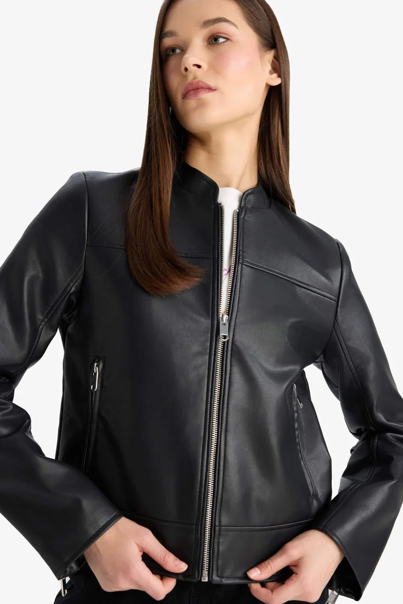 Regular Fit Faux Leather Zippered Jacket