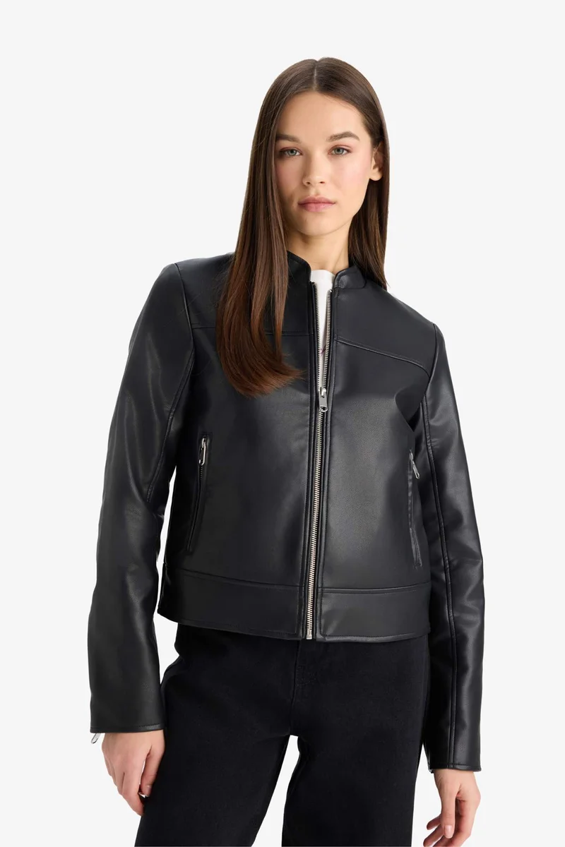 Defacto  Regular Fit Faux Leather Zippered Jacket for Men | Best Price UAE