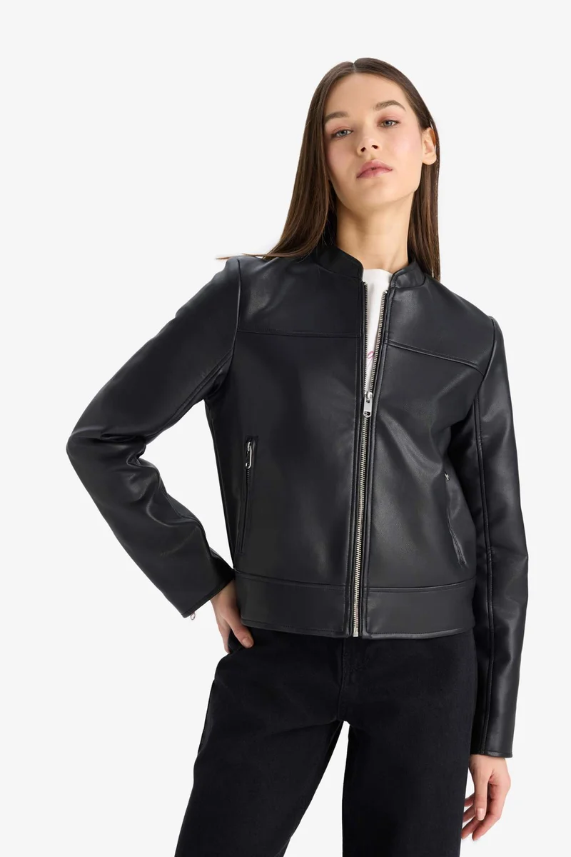 Defacto  Regular Fit Faux Leather Zippered Jacket for Men | Best Price UAE