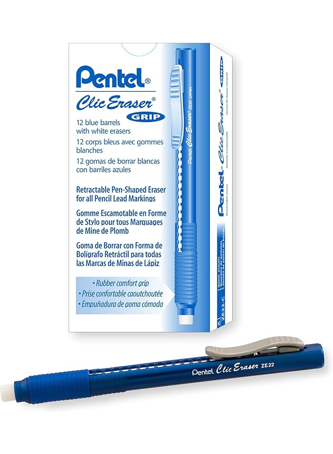Pentel Clic Eraser Grip Retractable Eraser Blue Barrel Box Of 12 Ze22C  - Image 1