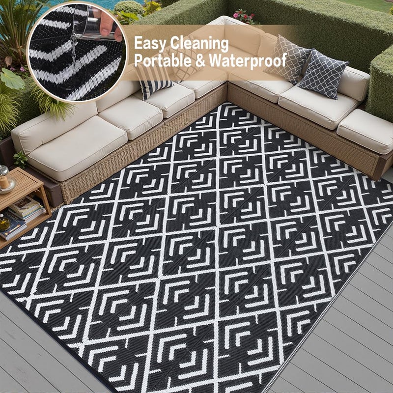 HUGEAR RV Outdoor Rug Waterproof Mat Outdoor Rugs 9'x12' for Patios Clearance Carpet Outdoor Camping Rugs Large Plastic Straw Rug(8x10ft Geometric Black&White) - Image 5