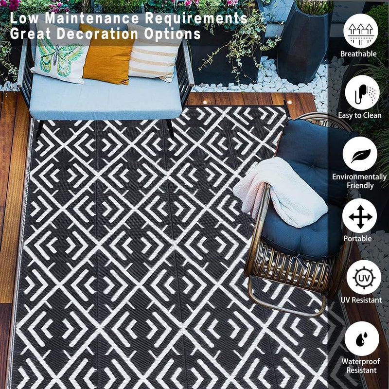 HUGEAR RV Outdoor Rug Waterproof Mat Outdoor Rugs 9'x12' for Patios Clearance Carpet Outdoor Camping Rugs Large Plastic Straw Rug(8x10ft Geometric Black&White) - Image 3