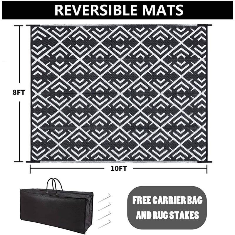 HUGEAR RV Outdoor Rug Waterproof Mat Outdoor Rugs 9'x12' for Patios Clearance Carpet Outdoor Camping Rugs Large Plastic Straw Rug(8x10ft Geometric Black&White) - Image 2