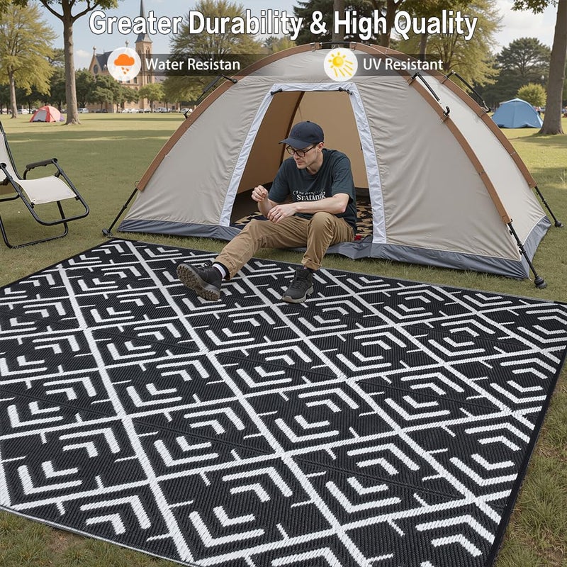 HUGEAR RV Outdoor Rug Waterproof Mat Outdoor Rugs 9'x12' for Patios Clearance Carpet Outdoor Camping Rugs Large Plastic Straw Rug(8x10ft Geometric Black&White) - Image 4