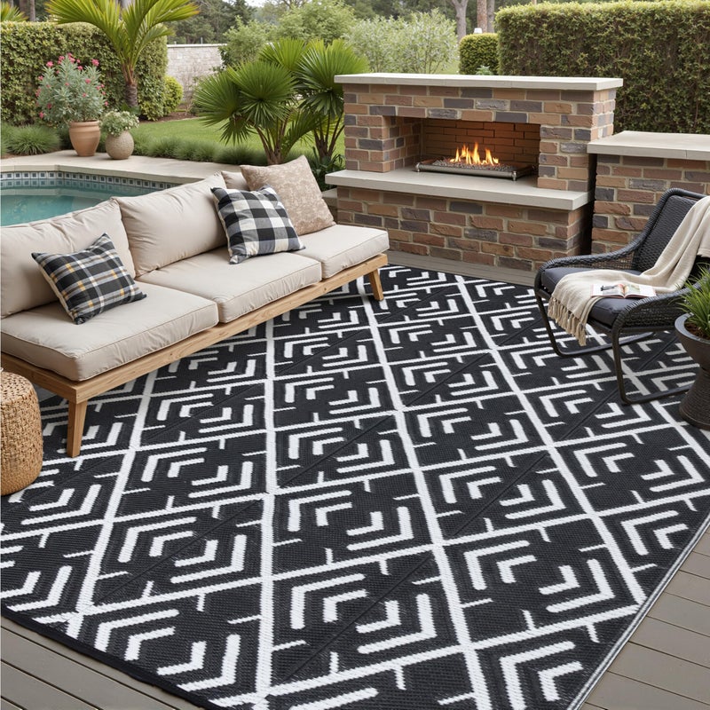 HUGEAR RV Outdoor Rug Waterproof Mat Outdoor Rugs 9'x12' for Patios Clearance Carpet Outdoor Camping Rugs Large Plastic Straw Rug(8x10ft Geometric Black&White) - Image 1