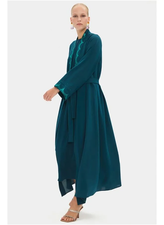 جون June Women Embroidered Detailed Abaya Teal