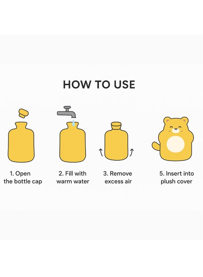 Plush Hot Water Bottle with Soft Cover – Leak-Proof Reusable Heat Therapy Bottle for Pain Relief, Cramps, Muscle Relaxation, Warmth & Cozy Comfort for Kids & Adults (Yellow) - Image 3