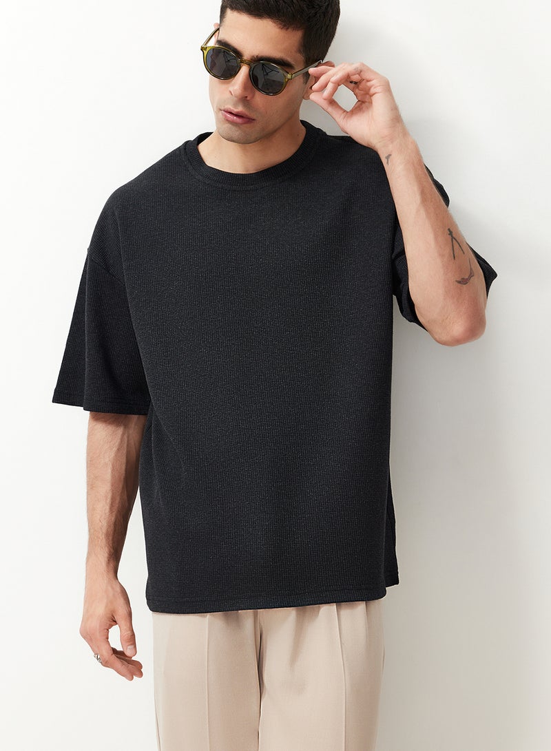 trendyol Anthracite Oversize Textured Waffle Short Sleeve Basic T-Shirt TMNSS22TS00049 - Image 1