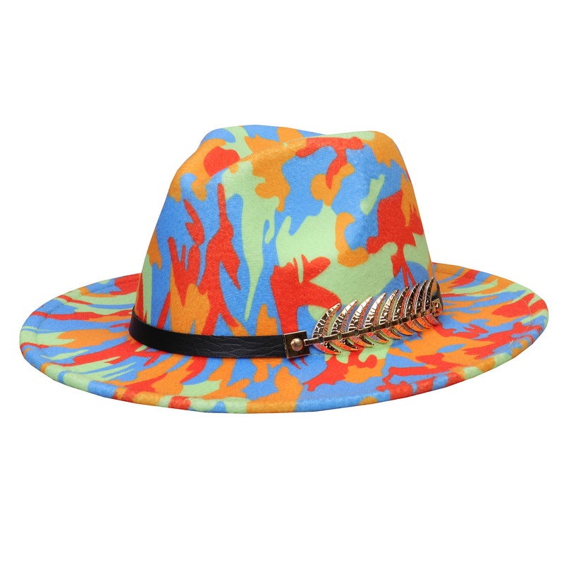 British Style Jazz Hat, Wool Graffiti Colorful Fedora With Belt, Wide-Brimmed Hat For Men And Women, Versatile Wide-Brimmed Hat - Image 1