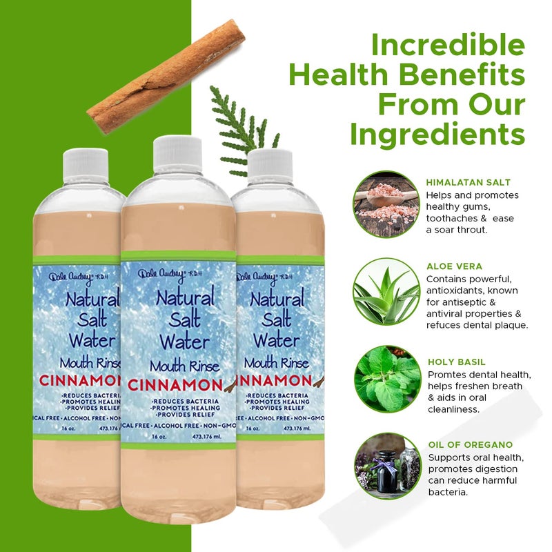 Dale Audrey 3 Pack Natural Saltwater Mouth Rinse | Himalayan Pink Salt Water Oral Rinse | Organic Cinnamon Flavor Fluoride & Alcohol Free Mouthwash for Fresh Breath | Natural Gum Care Mouthwash-16 FL Oz - Image 2