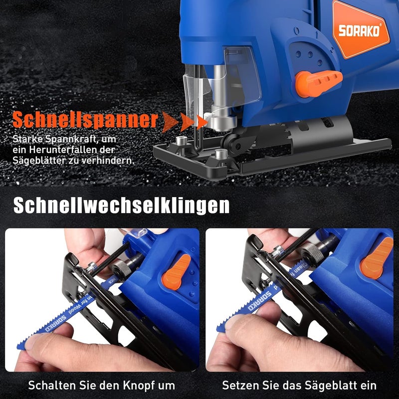 SORAKO Jigsaw, 600W Electric Jigsaw Tool, 800-3000SPM Cutting in Wood 60mm, 6 Variable Speeds, 3 Orbital Sets, Bevel Cutting 45¡ã, Corded Jig Saw for Wood and Metal Cutting - Image 4