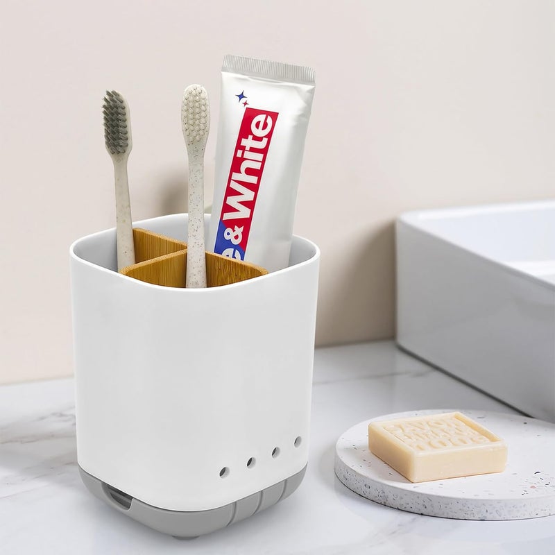 Scartink Toothbrush Holder with Bamboo Divider - Detachable Bathroom Organizer with 3 Slots for Toothbrush and Toothpaste (Grey) - Image 2