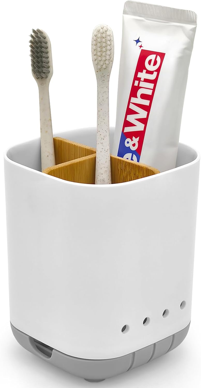 Scartink Toothbrush Holder with Bamboo Divider - Detachable Bathroom Organizer with 3 Slots for Toothbrush and Toothpaste (Grey) - Image 1