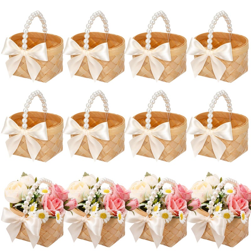Geelin 12 Pcs Mini Flower Girl Basket Mini Woven Baskets with Pearl Handles Wood Chip Flower Fruit Picnic Holder with RibbonCh ip Bucket for Wedding Party Gifts Baby Shower Birthday Party Decoration - Image 2