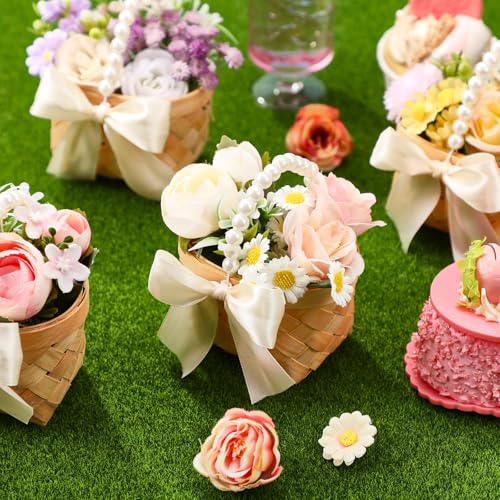Geelin 12 Pcs Mini Flower Girl Basket Mini Woven Baskets with Pearl Handles Wood Chip Flower Fruit Picnic Holder with RibbonCh ip Bucket for Wedding Party Gifts Baby Shower Birthday Party Decoration - Image 3
