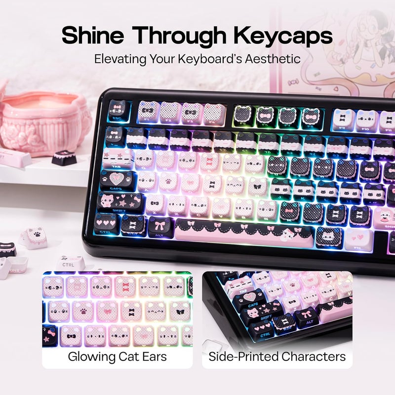 KiiBOOM Cute Cat Keycaps Set, Mao Profile, PBT/PC Keycap for MX Switches Mechanical Keyboard, Compatible with 60%, 65%, 75%, TKL, 96%, Full-Sized Layout (Meow Bow) - Image 3