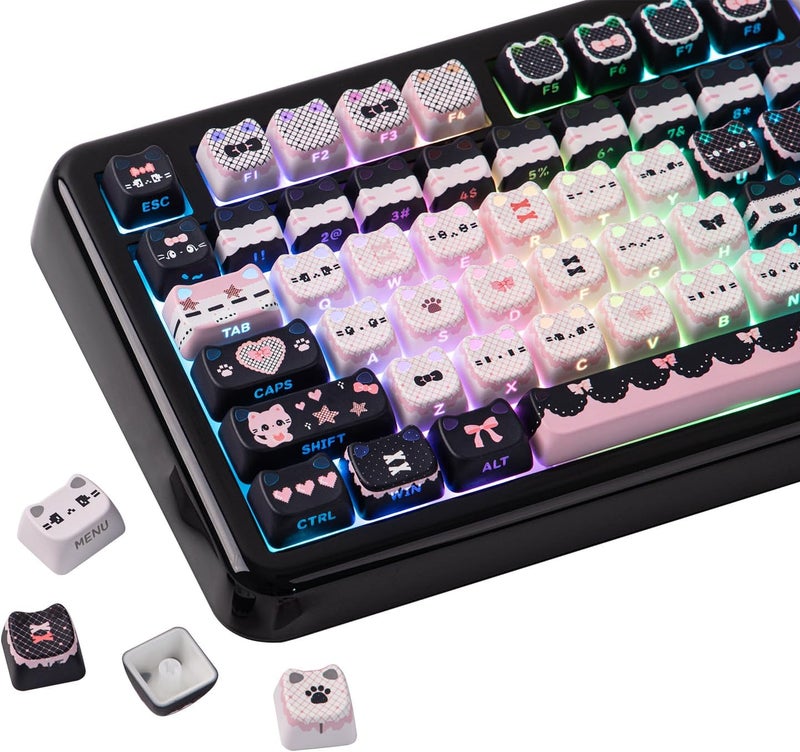 KiiBOOM Cute Cat Keycaps Set, Mao Profile, PBT/PC Keycap for MX Switches Mechanical Keyboard, Compatible with 60%, 65%, 75%, TKL, 96%, Full-Sized Layout (Meow Bow) - Image 1