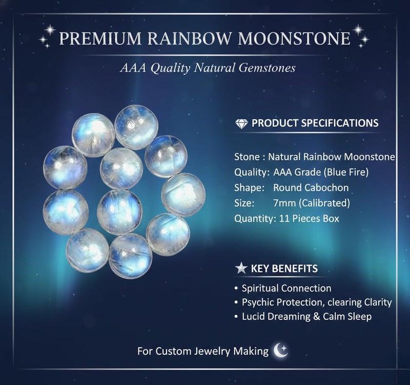 Myhealingworld 7mm Round Blue Fire AAA Quality Natural Rainbow Moonstone Calibrated Cabochon Loose Gemstone 11 pcs Box. - Image 3
